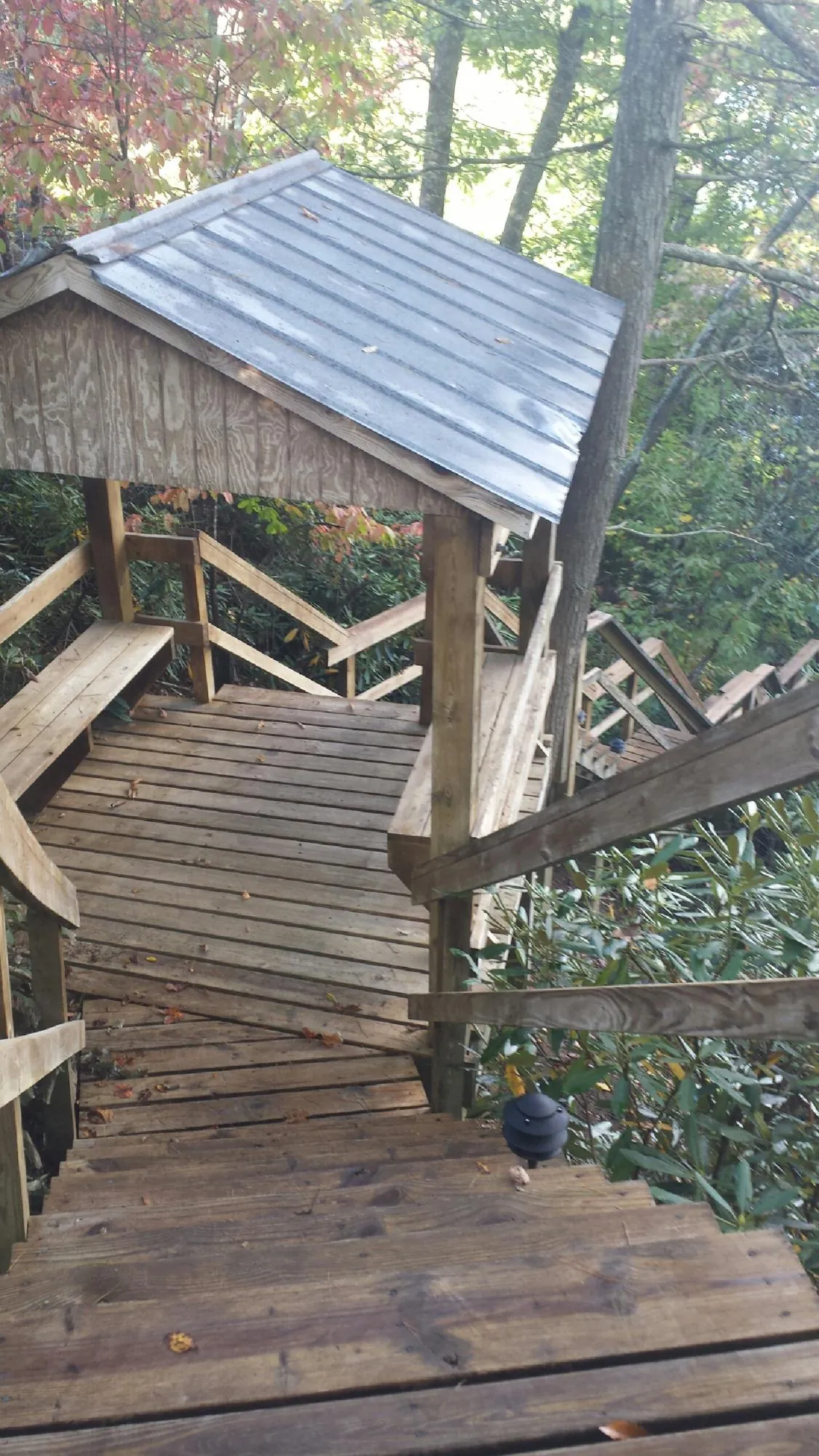Metal roofed shelter over wooden steps on a wooded walkway — Skylight Repair & Installation work by our crew in Buhler